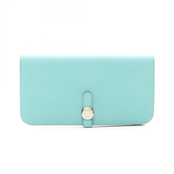 HERMES Dogon Long Bi-fold purse X Clemence leather Blue atoll Used Women SHW
