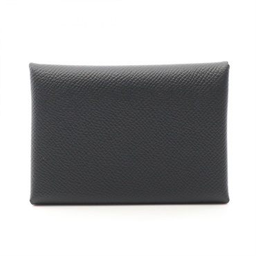 HERMES Calvi duo coin purse card holder W Epsom leather Black Noir Women SHW