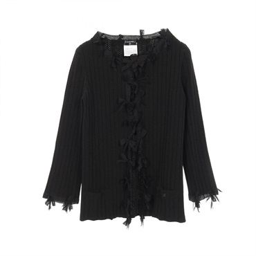 CHANEL ribbon cardigan Rayon Black Used Women #34 COCO CC