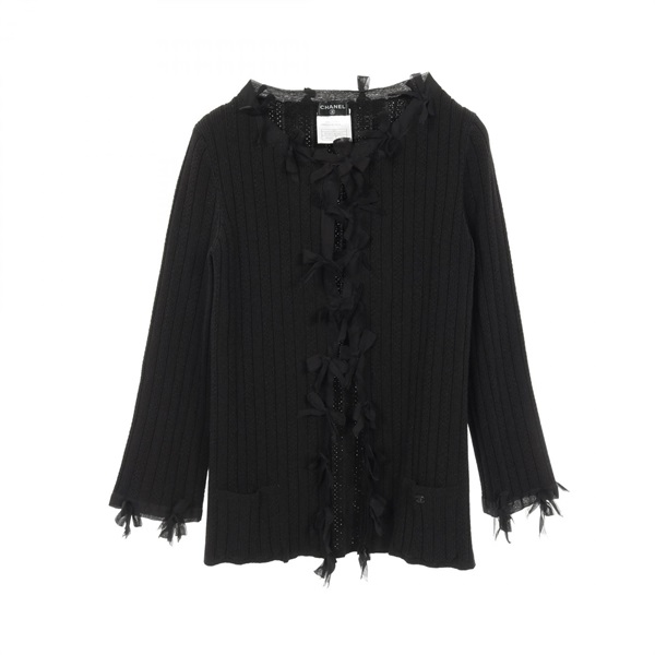 CHANEL ribbon cardigan Rayon Black Used Women #34 COCO CC