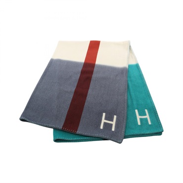 HERMES Plaid H Dye Blanket wrap cashmere white green Multicolor Used unisex