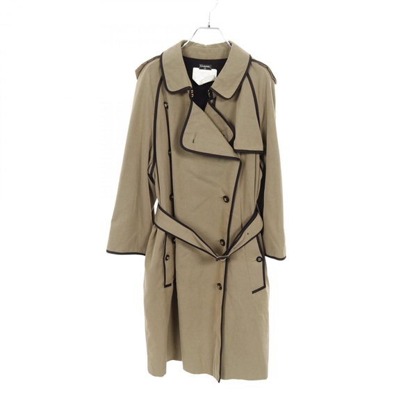 CHANEL CC Logo Button Trench Coat Cotton Polyamide Khaki Black #38 Used Women