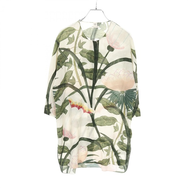 HERMES Shirts Blouse silk Beige Green Multicolor Used Women size 38