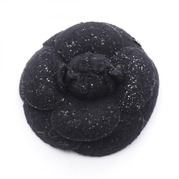 CHANEL Camelia Brooch pin Fabric Black Used Women COCO CC