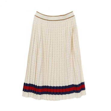GUCCI Web Stripe G Rhombus Knit Skirt 753774 cotton Beige Navy Red #M Used Women