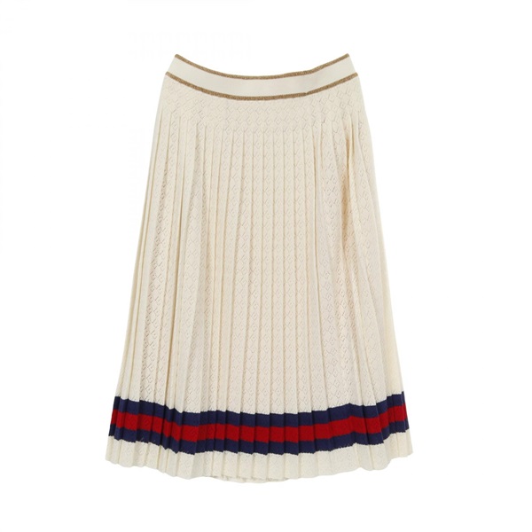 GUCCI Web Stripe G Rhombus Knit Skirt 753774 cotton Beige Navy Red #M Used Women