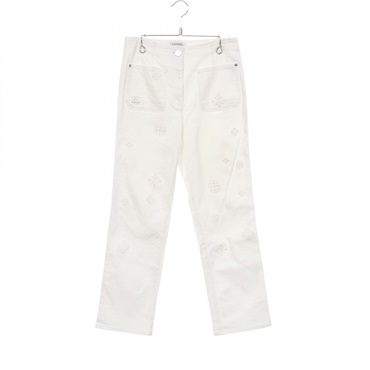 CHANEL icon Denim pants P70208 cotton White Used Women #38 COCO CC