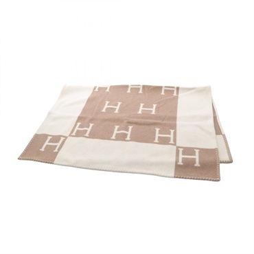 HERMES Plaid Avalon Blanket wool cashmere White Beige Used unisex