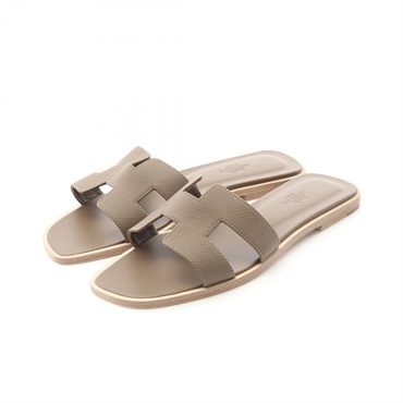 HERMES Oran Sandal Mule flat Epsom leather Brown Etoupe Grey Used Women size 38