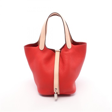 HERMES Picotin Lock Touch PM Handbag Clemence Swift leather Red Pink used X SHW