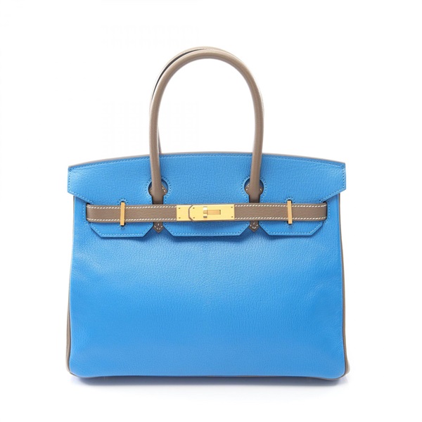 HERMES Birkin 30 Handbag Chevre leather Etoupe Grey Blue hydra Used Women A GHW