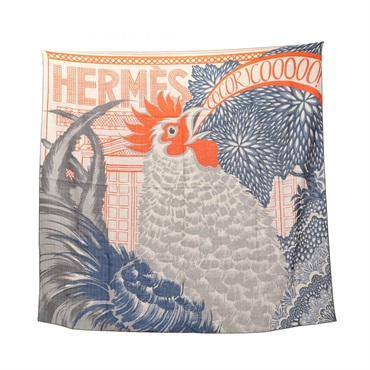 HERMES Carre100 COCORICOOOOO! Scarf silk cashmere Beige Multicolor Used Women