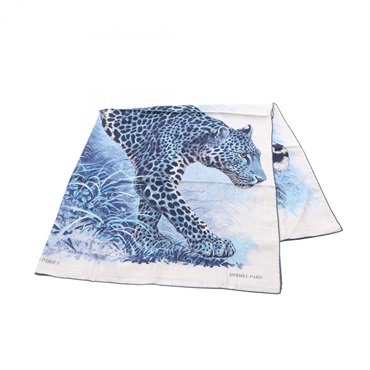 HERMES Carre140 PANTHERA PARDUS Scarf silk cashmere Gray Blue Used Women