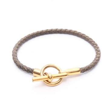 HERMES Glenan Bracelet leather Gold Brown Etoupe Grey Used Women 16.5cm