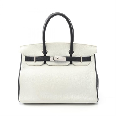 HERMES Birkin 30 Handbag Clemence leather Black White Used Women D SHW