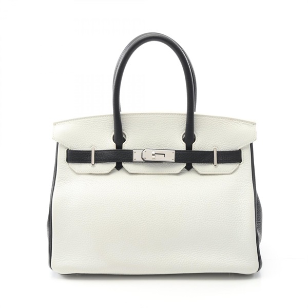 HERMES Birkin 30 Handbag Clemence leather Black White Used Women D SHW