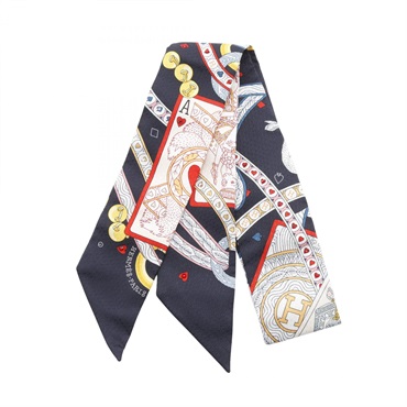 HERMES Twilly DAME DE COEUR Scarf silk Rhinestone Navy Red Multicolor Used Women