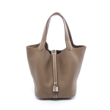 HERMES Picotin Lock MM Handbag K Clemence leather Brown Etoupe Grey SHW women