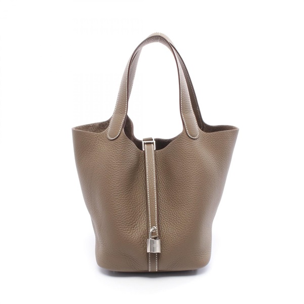 HERMES Picotin Lock MM Handbag K Clemence leather Brown Etoupe Grey SHW women