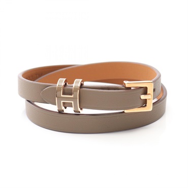 HERMES Pop H Double Tour Bracelet K Vaux Swift leather Gold Plated Etoupe Grey