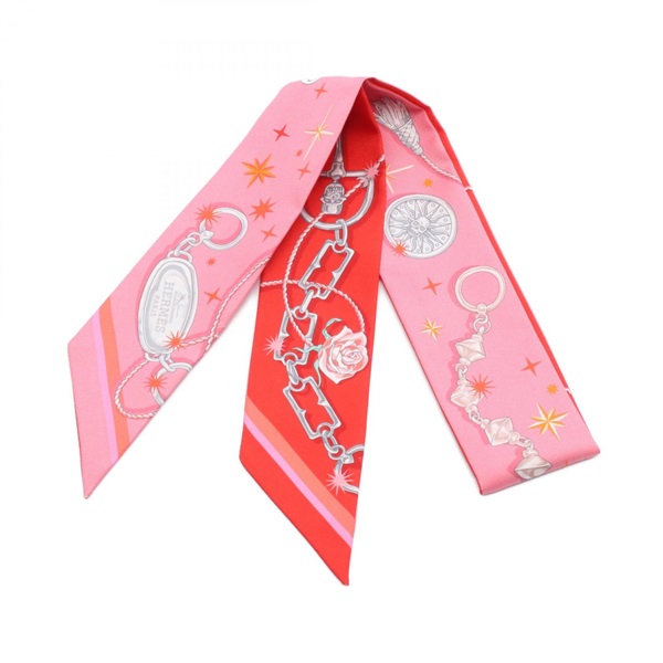 HERMES Twilly C'EST LA FETE Scarf silk Pink Red Multicolor Used Women