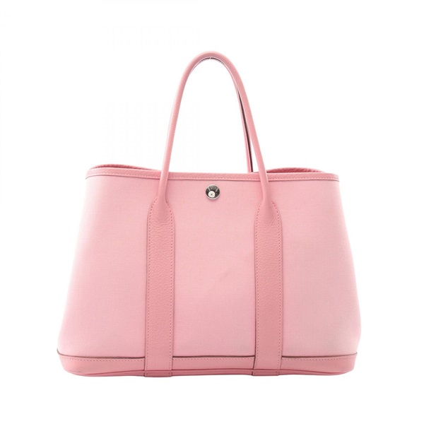 HERMES Garden party TPM Tote Handbag leather Toile H canvas Pink SHW Used M