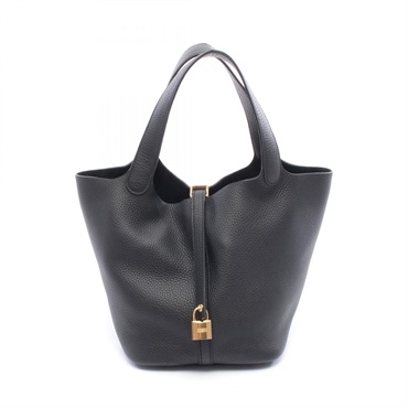 HERMES Picotin Lock MM Handbag K Clemence leather Black Noir Women GHW