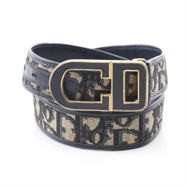 Christian Dior CD Buckle Trotter belt canvas leather Navy Beige Used Women GHW