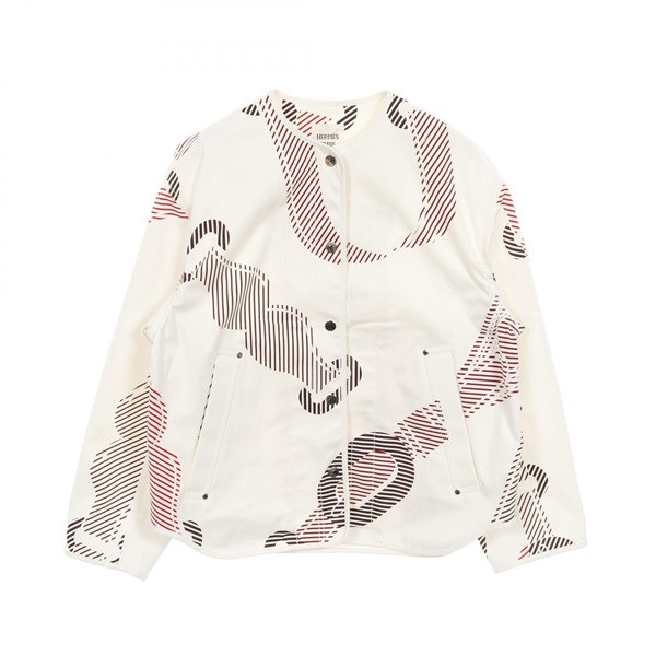 HERMES Coaching Remix Blouson Jacket cotton White Red Used Women size 34