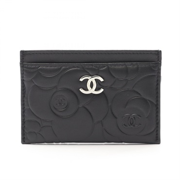 CHANEL Camelia Card Case holder Lamb leather Black SHW Used Women Coco CC