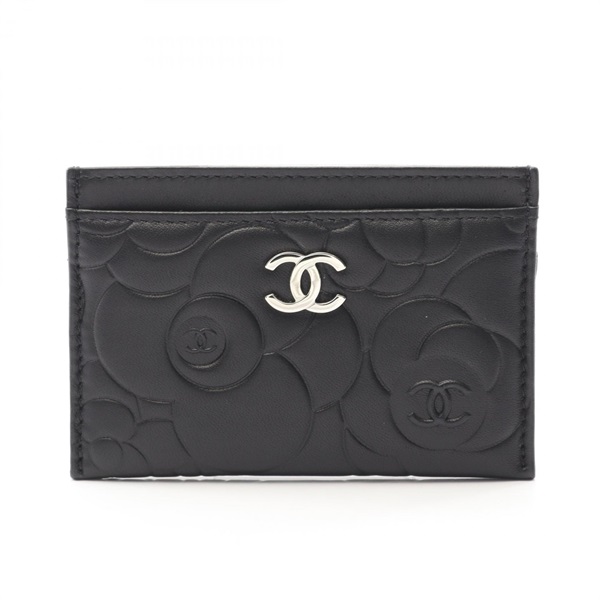 CHANEL Camelia Card Case holder Lamb leather Black SHW Used Women Coco CC