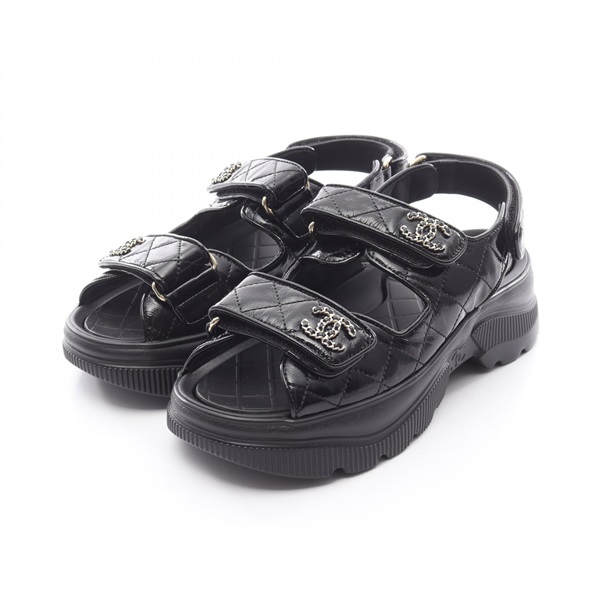 CHANEL COCO Mark Quilted Sandals AG46293 leather Black Women #35C CC