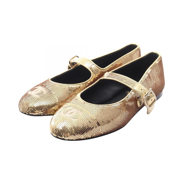 CHANEL COCO Mark Mary Jane flat shoes leather Sequin Gold Women #35C CC