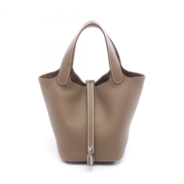 HERMES Picotin Lock PM Handbag Clemence leather Brown Etoupe Grey Used K SHW