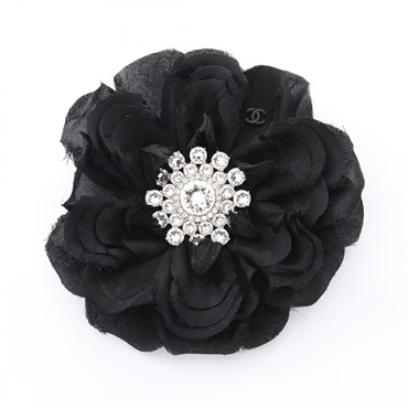 CHANEL Camelia Brooch Pin 25A silk Black Clear Used Women CC Coco