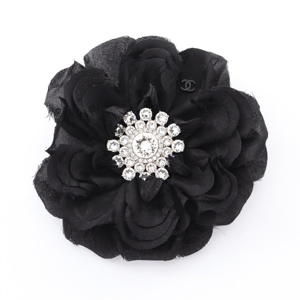 CHANEL Camelia Brooch Pin 25A silk Black Clear Used Women CC Coco