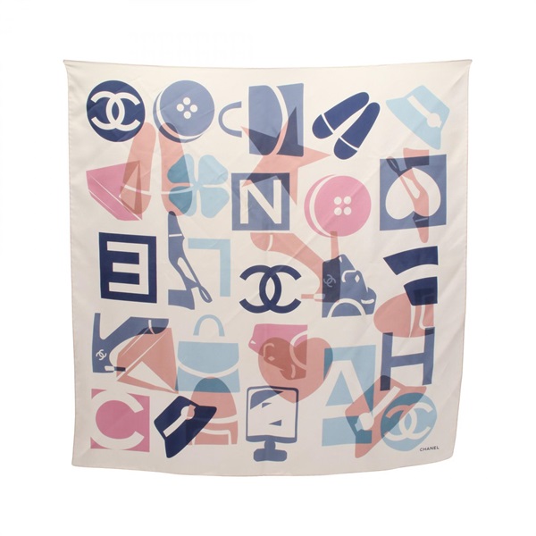 CHANEL COCO Mark Scarf silk Beige Blue Multicolor Used Women CC
