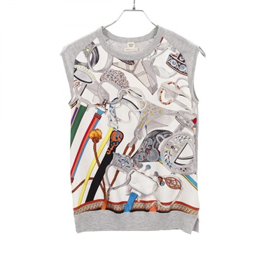 HERMES T-shirt #34 sleeveless silk cotton Gray White Multicolor Used Women