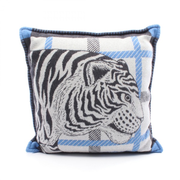 HERMES Cushion Jacquard Tiger Altai 2 wool cashmere Gray Blue Used unisex