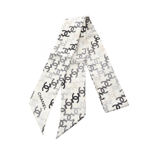 CHANEL COCO Mark Scarf stole wrap echarpe silk White Black Gray Women CC