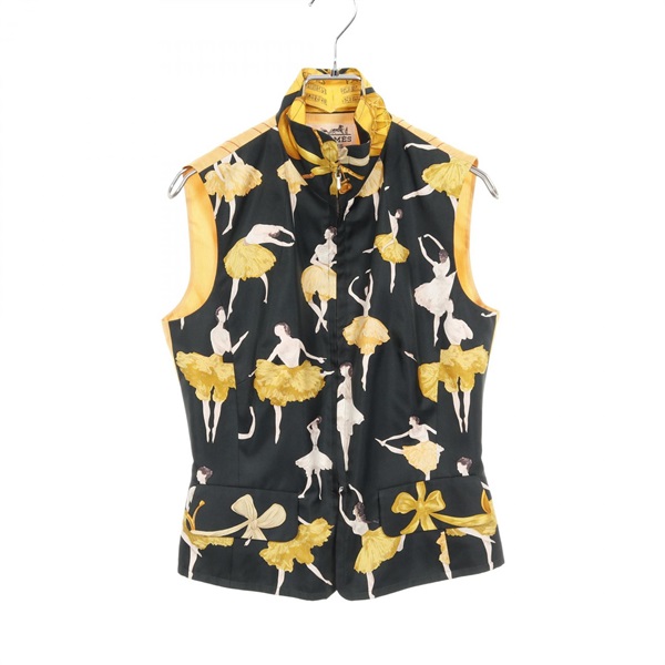HERMES La Danse Vest sleeveless blouse tops silk Green Yellow Used Women #38
