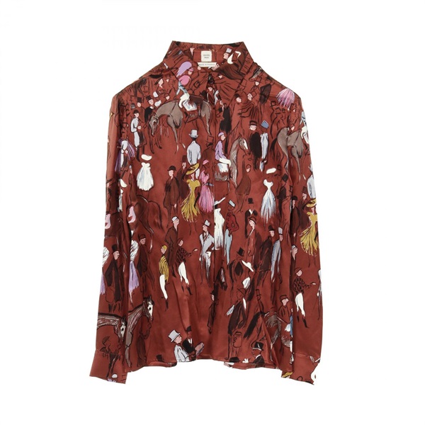 HERMES Serie button #36 shirt blouse tops silk Brown Multicolor Used Women