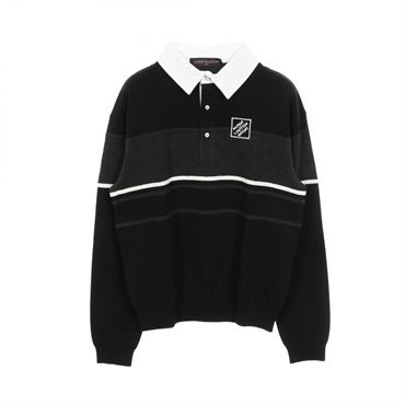 LOUIS VUITTON Monogram Jacquard Long Sleeve Polo shirt cotton B&W Used mens #S