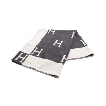 HERMES Plaid Avalon stole wrap blancket wool cashmere Beige Gray Used