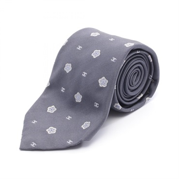 CHANEL COCO Mark Tie silk Gray White Used Women CC Logo