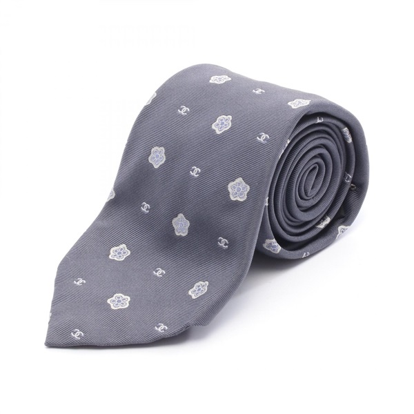 CHANEL COCO Mark Tie silk Gray White Used Women CC Logo