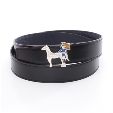 HERMES Horse motif buckle belt ceinture W 95cm Box calf  Togo Black Navy SHW