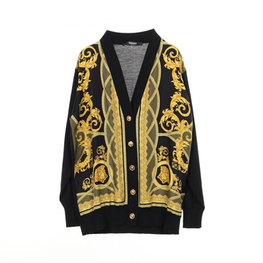 VERSACE Medusa Button Cardigan Sweater #36 wool silk Black Yellow Khaki Used