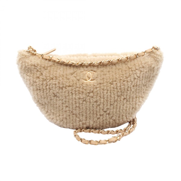 CHANEL COCO Mark Half Moon Chain Shoulder Handbag Mouton Beige GHW Used Women CC