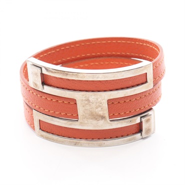 HERMES Puspus MM Bracelet bangle E Stainless Steel Chevre Orange Silver Used SHW